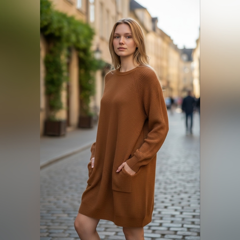 BCBG MAXAZRIA Regina Crew Sweater Dress Angora Heather Toffee Luxury Winter